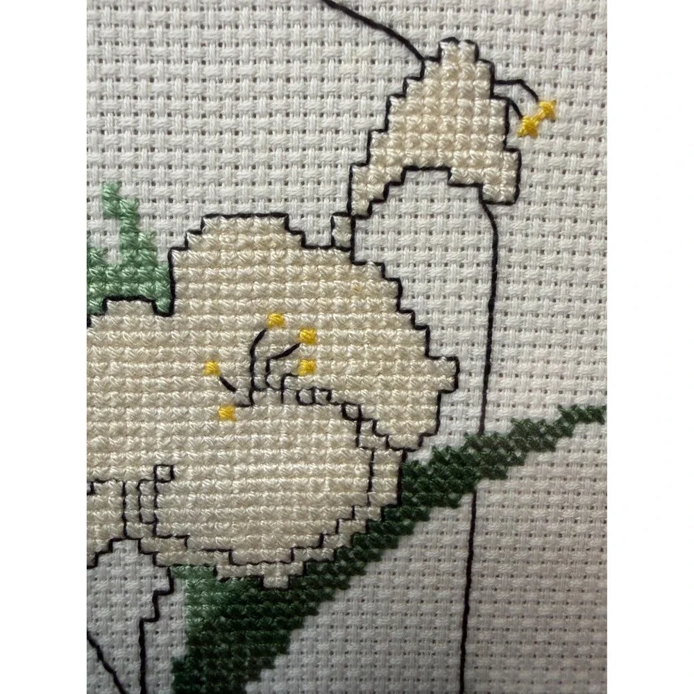 Vintage 1982 Framed Floral Cross Stitch Handmade Botanical Wall Art